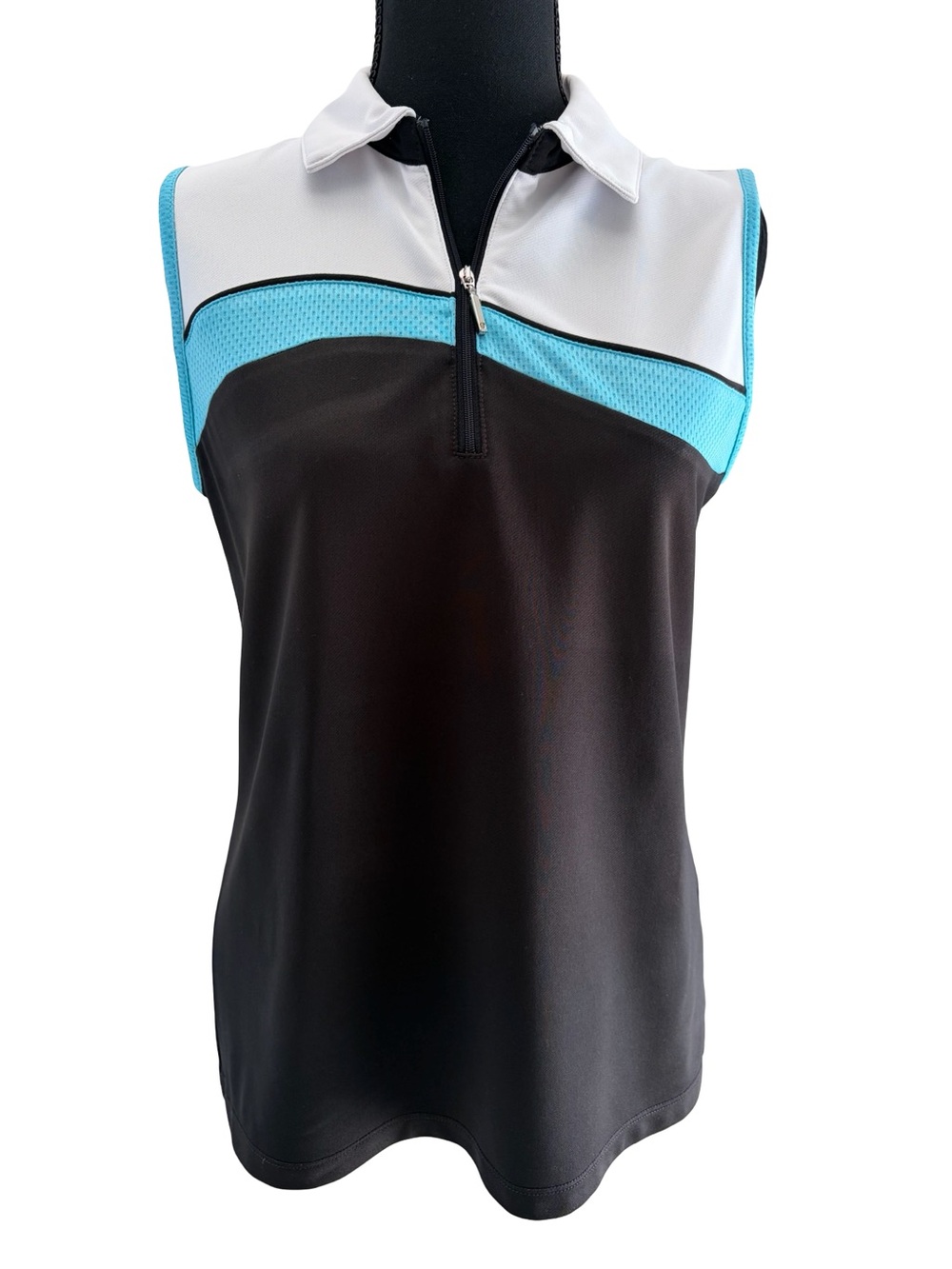 Izod Golf Black Sleeveless Zip Polo Tank with White and Aqua Panels